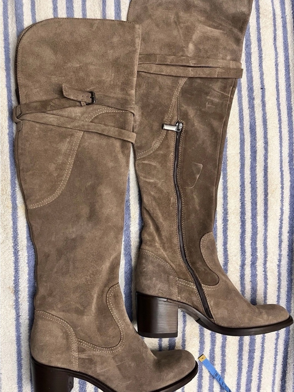 Vince Camuto Taupe Suede Knee-High Block Heel Boots